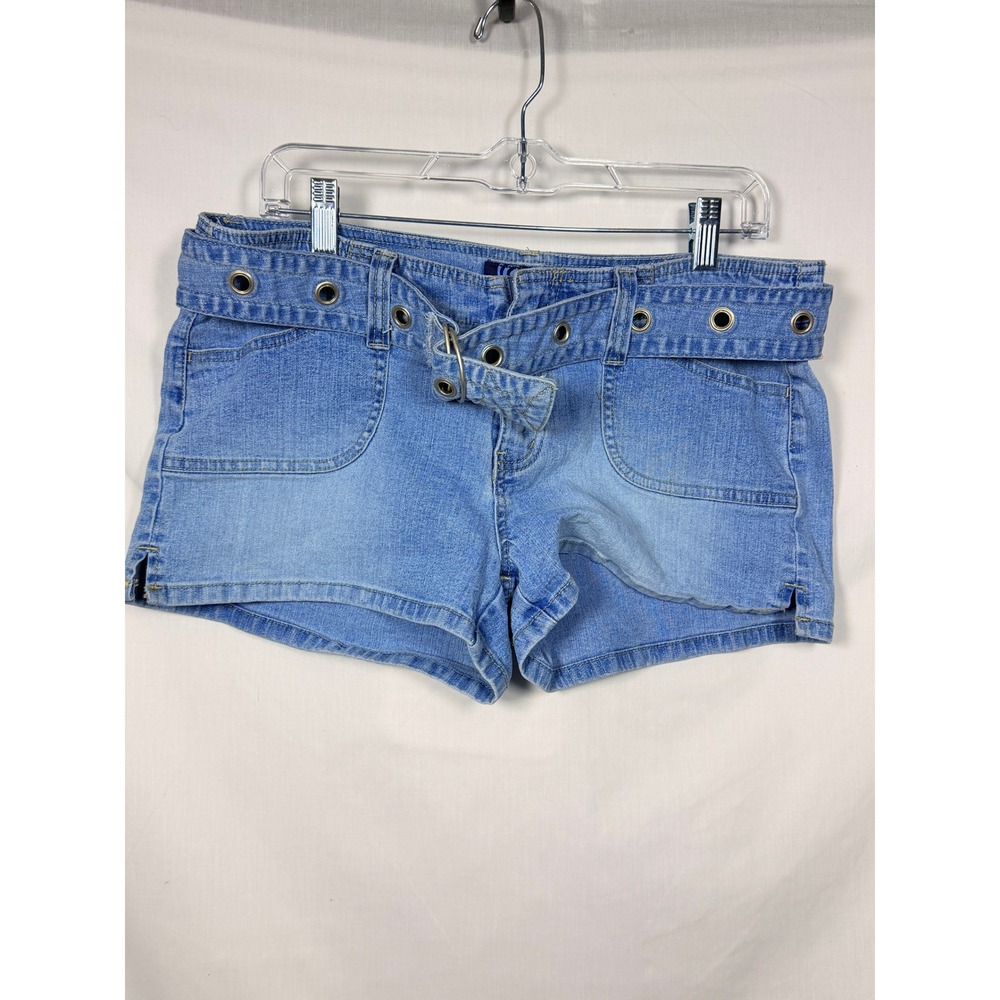 Angels Womens Denim Shorts Size 15 Blue Grommet Belted Y2K Low Rise Stretch